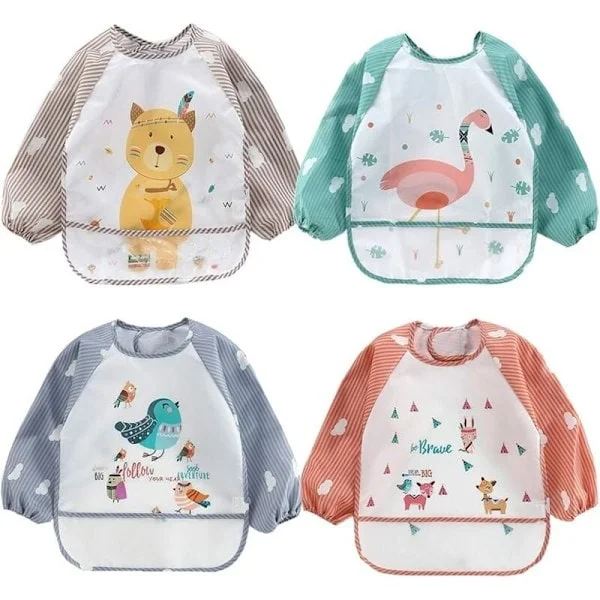 4-pack Long Sleeve Bibs for Baby, Waterproof Sleeveless Bibs, Flexible Bibs for Toddlers 6-24 Months