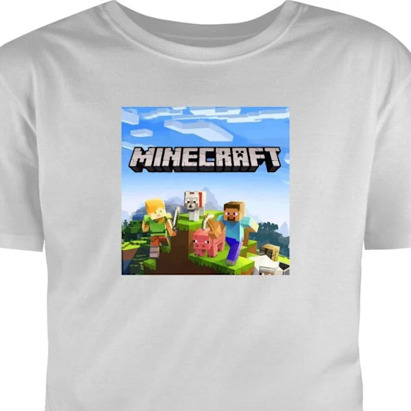 T-shirt til Voksen | Klassisk Voksen T-shirt Grå Lille Farverigt motiv med Minecraft-karakterer, dyr og klodset verden i klassisk spillemiljø