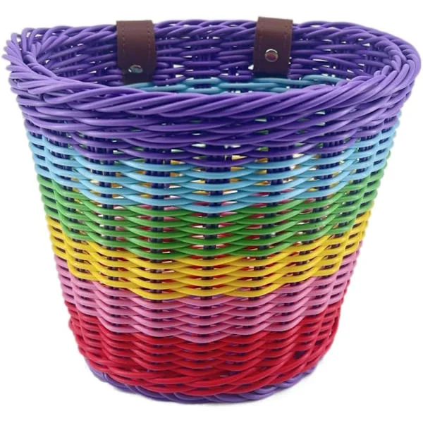 Woven Bicycle Basket Adjustable PU Belts Colorful Bike Basket Front Bike Basket Kids Scooter Accessories Bicycle Storage Basket for Kids