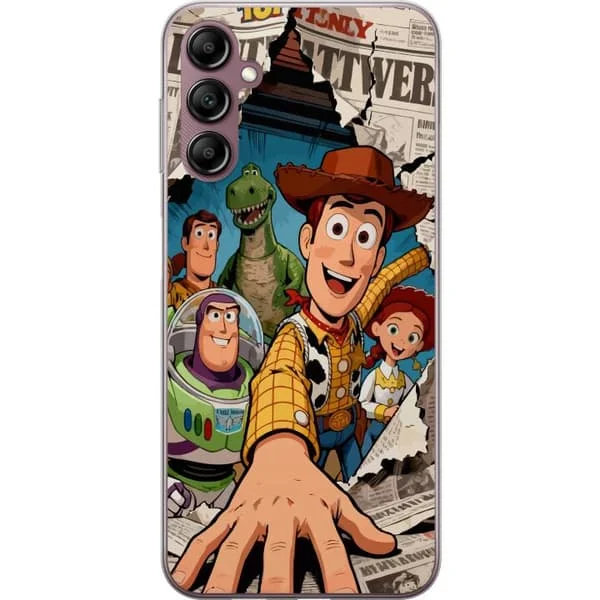 Kompatibelt Mobilskal till Samsung Galaxy A14 5G Toy Story-gänget samlade i ett färgstarkt äventyrsmotiv med tidningstema