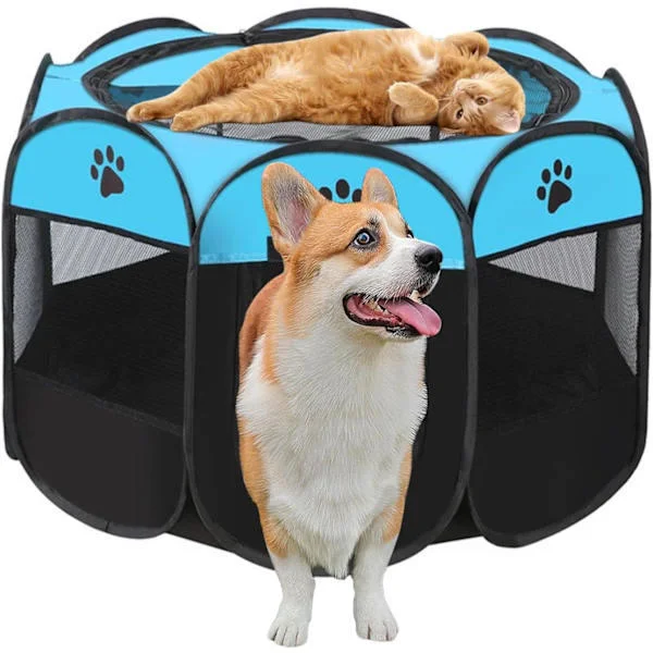 Bärbar hund- och kattbur – hopfällbar inomhuslekpark, lekpark för valpar och smådjur blå S-74x74x43cm