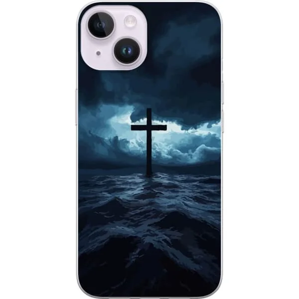 Kompatibelt Mobilskal till Apple iPhone 15 Kors i stormigt hav dramatisk kristen himmel mörka vågor religiös konst tro kors hav himmel andlig tapet a