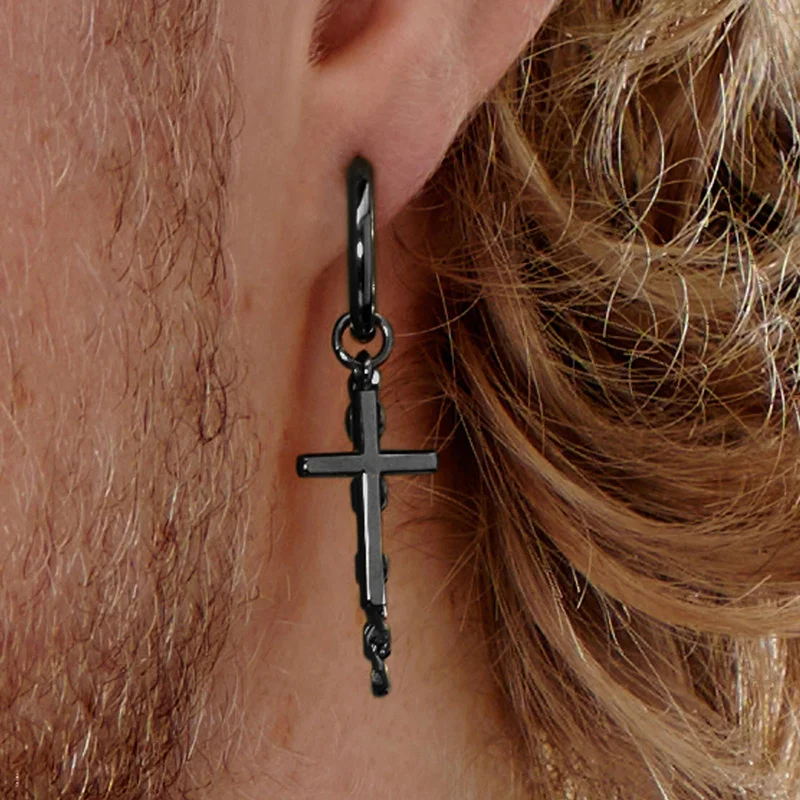 Black Steel Drop Hoop Earring with Cross & Chain Charms for Men - Cross earrings
