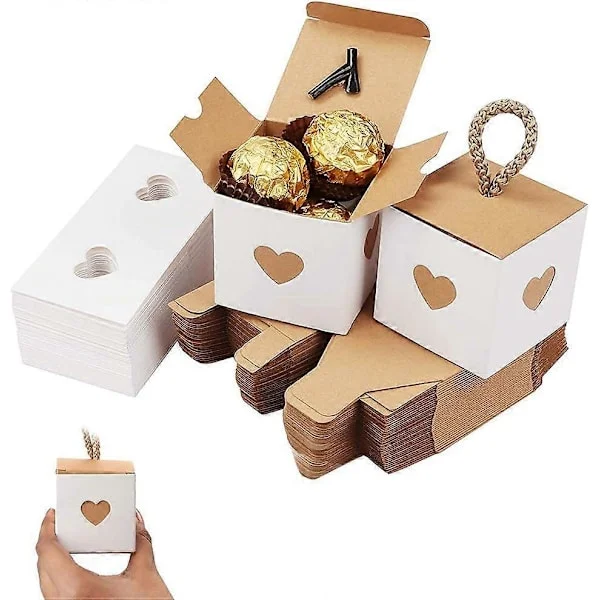 50-pack Kraftpapper Godisbox, Presentbox i Papper, Hjärtformade Presentaskar, 5,5 x 5,5 x 5,5 cm Vikbar Presentbox i Kraftpapper