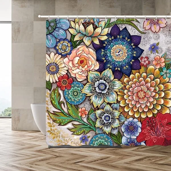 Boho-kukkakuvioiset suihkuverhot kylpyhuoneeseen, kirkkaat kangaskukkakuvioiset suihkuverhot 12 koukulla, monivärinen 180x180cm