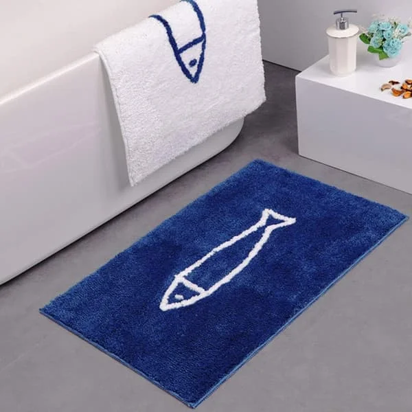 Halkskyddad badrumsmatta, blå och vit fiskmönstrad halkfri badrumsmatta Snabbtorkande köksmatta Badrumsmatta (50x80cm, Blå)