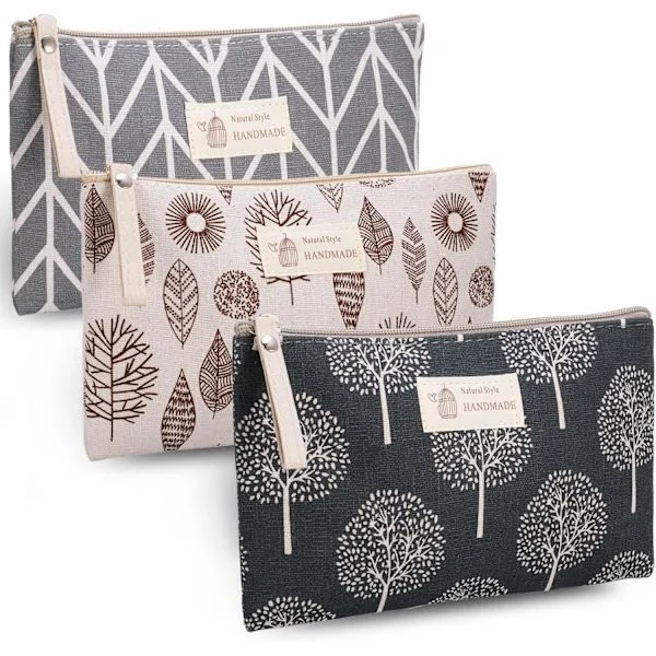 Canvas Cosmetic Bag, 3 Pcs Small Makeup Bags, Printed Makeup Pouch Multifunctional Travel Toiletry Bag with Zipper for Women and Girls Gifts