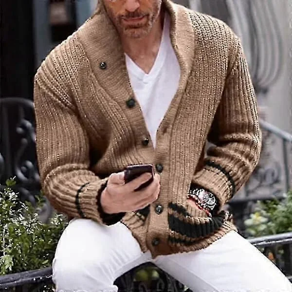 Langærmet cardigan til mænd, slim fit, varm vinterjakke med åben front XL Khaki