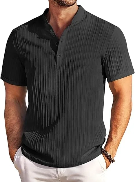 Herr Casual Kortärmad Skjorta Henley Skjorta Bandkrage Sommar Strand Texturerade Skjortor