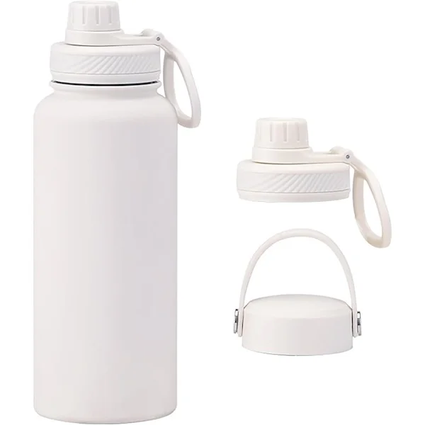 32 oz isolert vannflaske, stor kapasitet 1 liter vannflaske i rustfritt stål med 2 lokk Hvit