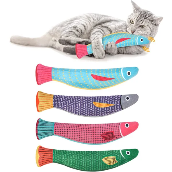 4-pack Fisk Katt Tuggleksaker, Bittåliga Kattmynta Leksaker, Plysch Tecknad Kattunge Tandleksak Interaktiv Leksak