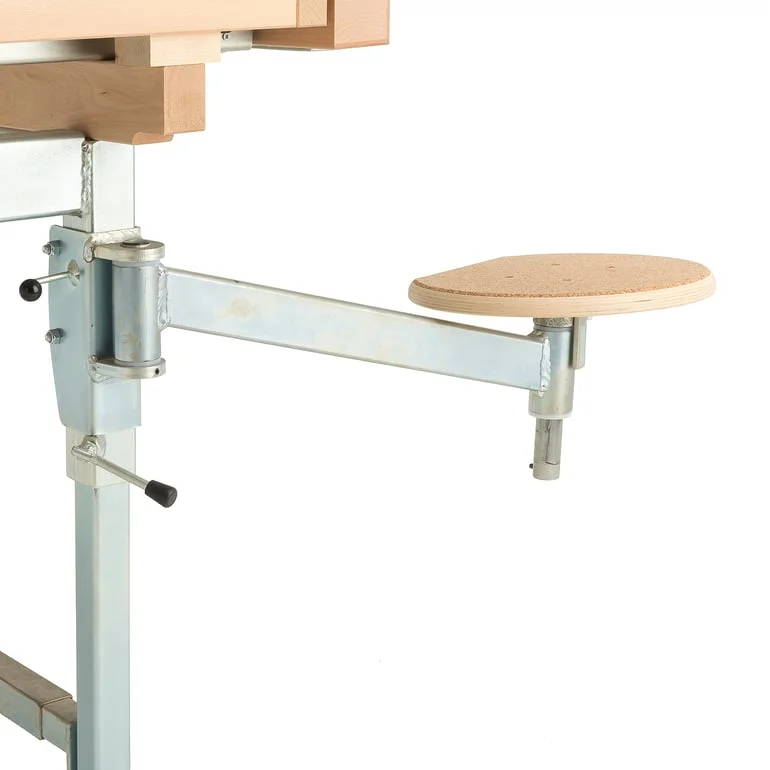 Hinged stool attachment for carpenter's workbench, cork seat