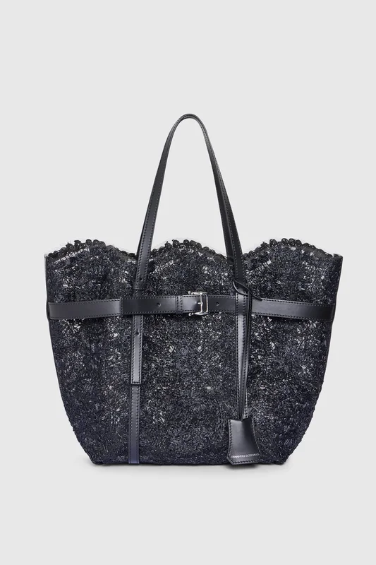 Ermanno Scervino Shopping bag media in pizzo di rafia “Maiolica” con cintura, Nero