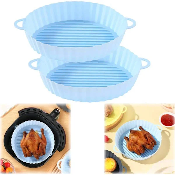 2X Air Fryer Silikonform, Återanvändbar Ersättningsinsats Korg, Ugnsmatta, Värmebeständig Bakplåt, Pizza Varmluftsfritös Matta (Blå)