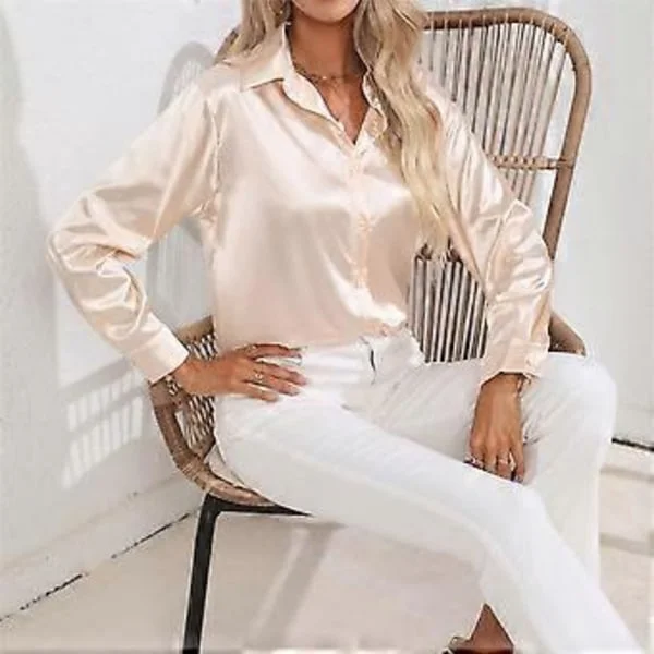Vår Høst Sateng Bluse Imitert Silke Langermet Skjorte for Dame Plus Size Løse Topper (L champagne)