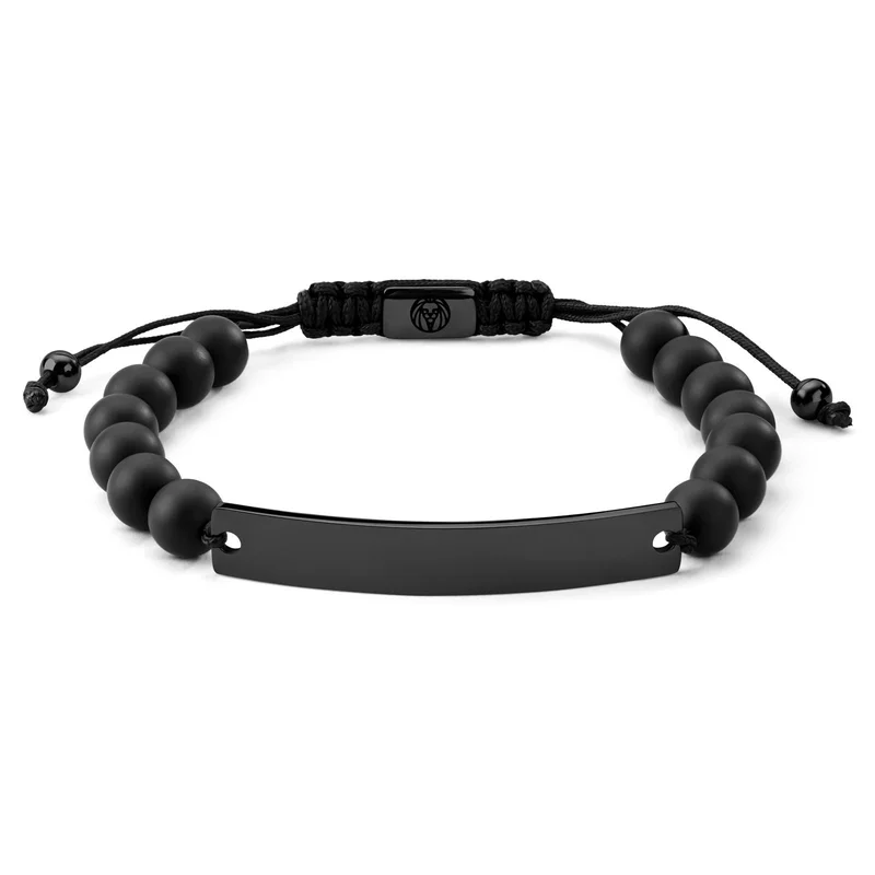 Adjustable-Length Onyx Bead Bracelet with Black Stainless Steel Plate for Men - Steel bracelets