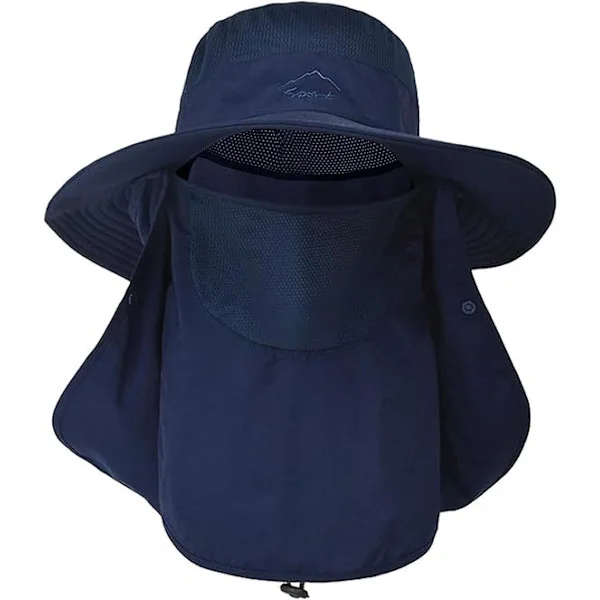 Fiskehatte til mænd og kvinder, vandrehat til mænd med ansigtsmaske, bredskygget strand-solhat (marineblå)