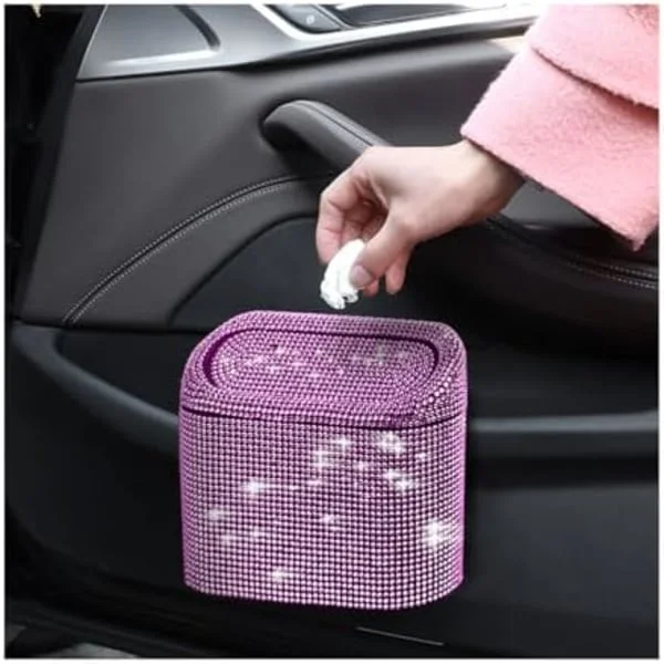 16x14x6,4 cm Mini Diamond Car Trash Can, Car Trash Can with Lid, Bling Small Trash Can for Car, Leak-Proof Vehicle Trash