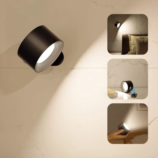 Trådløs Vegglampe, Oppladbar LED-vegglampe med Berøringskontroll, 3 Farger og Lysstyrke, 360° Rotasjon, Svart-WELLNGS