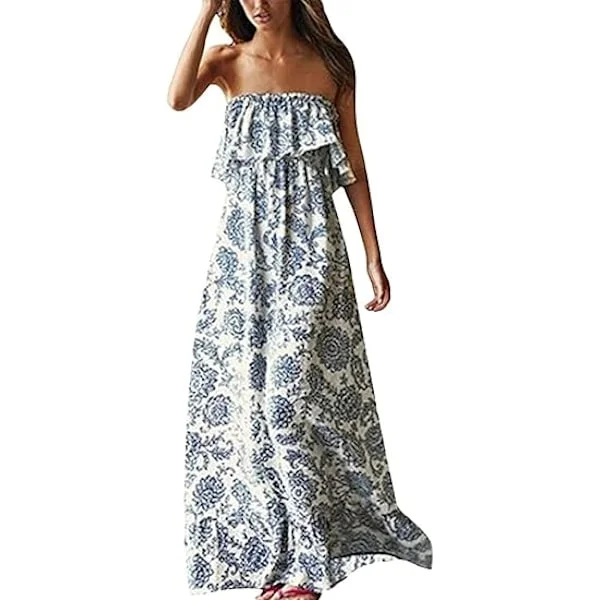 Dame Sommer Off Shoulder Maxikjole Volang Stroppeløs Blå Hvit Porselen Boho Uformell Løs Lang Kjole