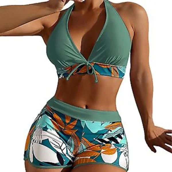 Dame Badetøj Bikini Sæt med Bladprint, Halterneck BH med Sløjfe, Højtaljet Shorts, Sommer Strandtøj (3XL Mørkegrøn)