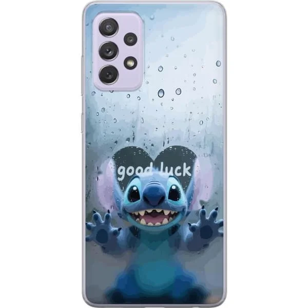Kompatibelt Mobilskal till Samsung Galaxy A52s 5G Blå söt figur bakom regnigt glas med text good luck, lekfullt motiv med vattendroppar och mjuk stil
