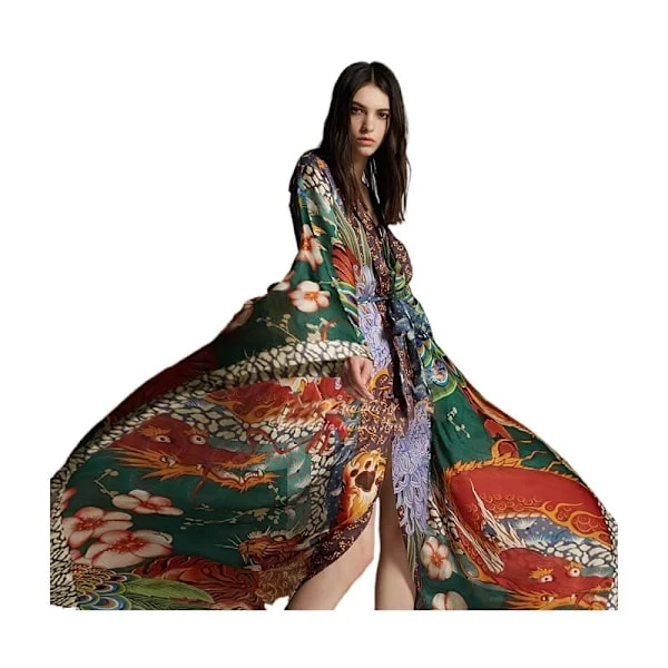 Bohemsk trykt cardigan strandovertrekk for badetøy for kvinner, dyp V lang kaftan-kåpe, lett sommer maxi-kjole-stil overtrekk for ferie, feriested