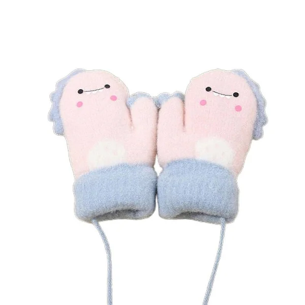 Thick Cartoon Baby Mittens with String for Kids Baby Boy Girl Children Toddler Full Finger Winter Gloves Warm Gloves Pink