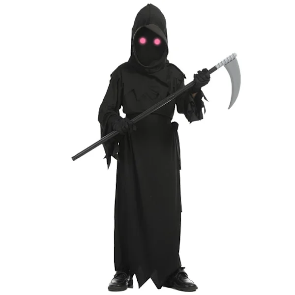 Grim Reaper-kostymer for barn med glødende røde øyne og ljå L-FF-