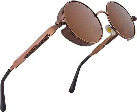 Brune ramme brune linser-polariserede runde solbriller til mænd og kvinder inspireret af retro Steampunk-stil i metallisk cirkel