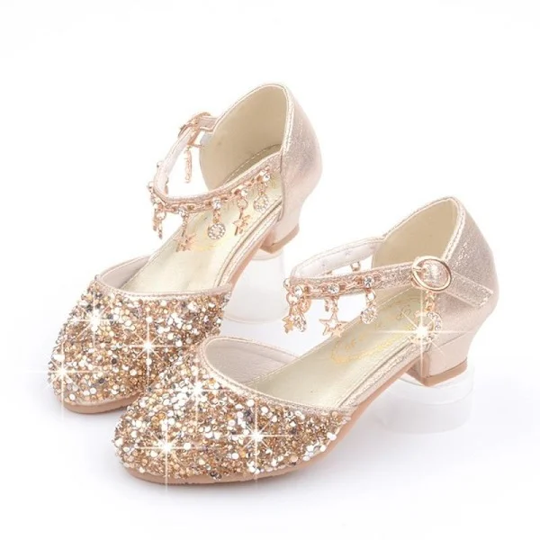 Girls Sequin Princess Party Low Heel Shoes, Gold, Size 37. Gold