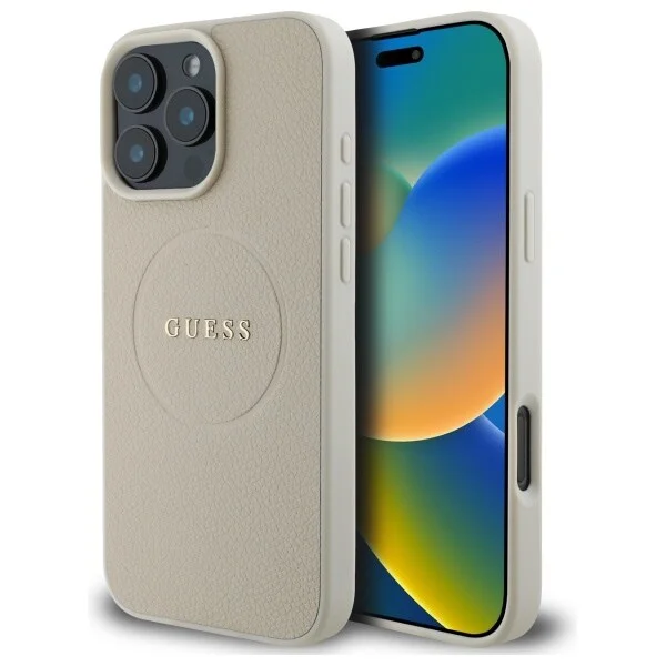 Guess MagSafe-etui med kornet gullring for iPhone 16 Pro Max - Beige
