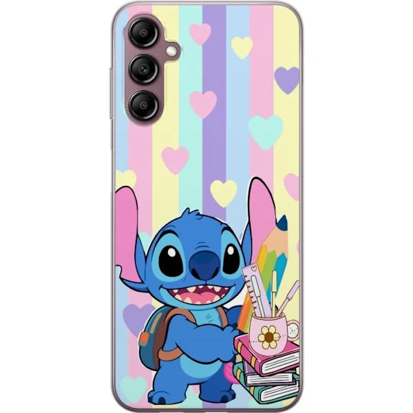 Kompatibelt Mobilskal till Samsung Galaxy A14 5G Stitch som skolfigur med böcker pennor och ryggsäck i färgglad kawaiiillustration