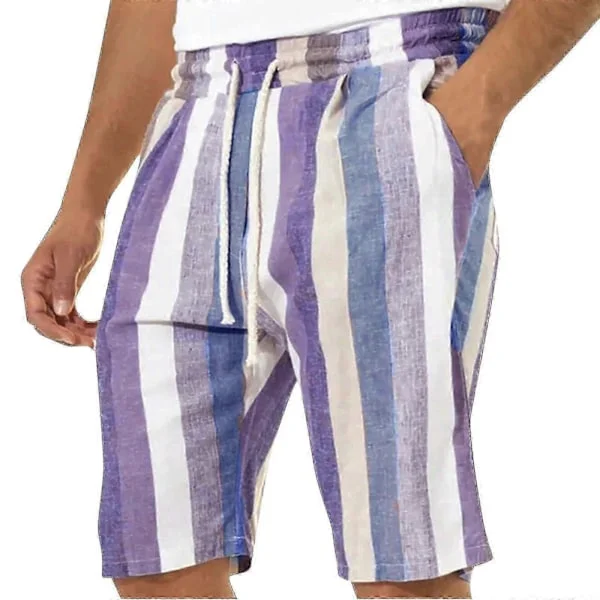 Herr Casual Bomull Linne Shorts, Sommar Färgblock Randiga Dragsko Midja Shorts