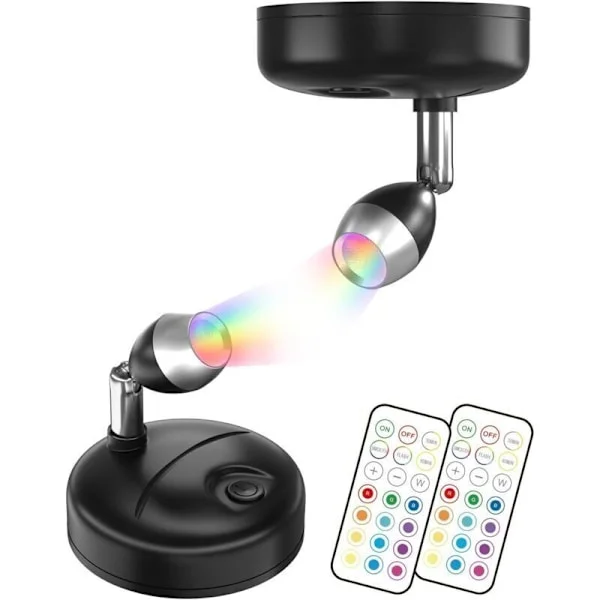 RGB LED Batteridrevne Spotlights med Fjernbetjening. Små Indendørs Spotlights. 12 RGB + Hvidt Lys til Butiksvinduer, Kunststatuer,