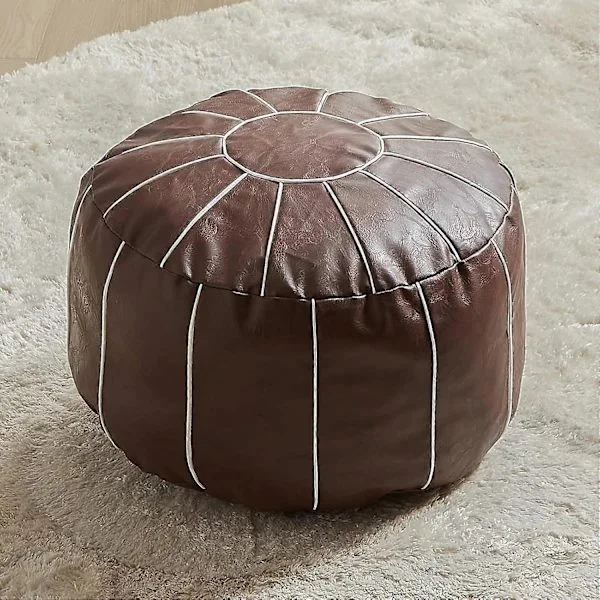 Ufylt Marokkansk Rund Ottoman Puff i Kunstskinn, Oppbevaringsveske, Gulvstol for Stue, Soverom eller (Brun)