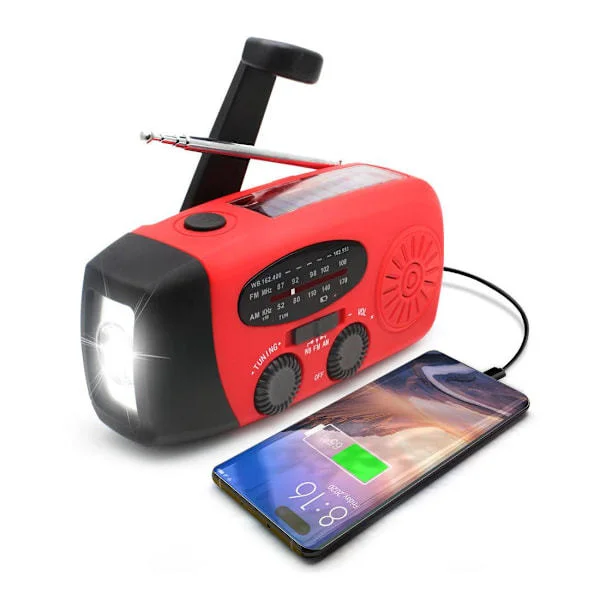 Käsikäyttöinen radio aurinkopaneelilla, LED-taskulampulla, 2000mAh varavirtalähde SOS-hätäradio