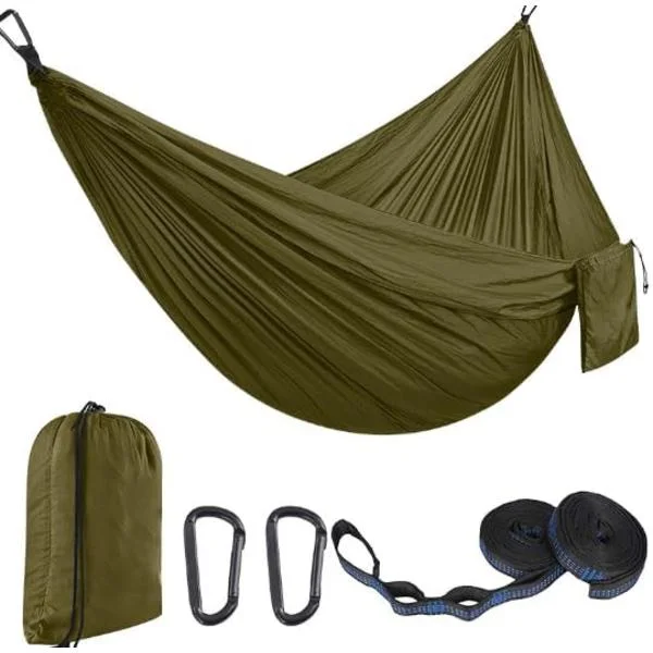 Utendørs Hengekøye Camping Hengekøyer Dobbel Hengekøye 300 x 200 cm, Ultralett Reise Hengekøye, 210T Fallskjerm Nylon Hengekøye for Hage Strand, Army 