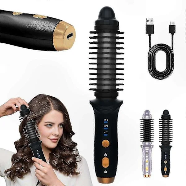 Compact Cordless Hot Brush for Short Hair - Portable Heated Round Styling Tool with Black