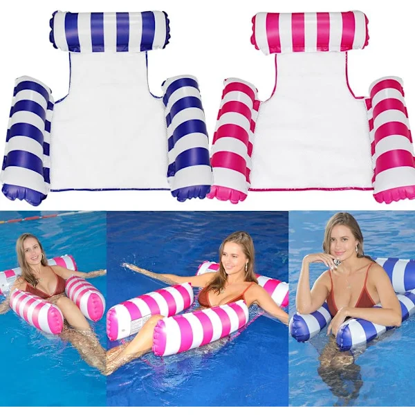 2-pack Water Lounge Pool Chair Lounge, Inflatable Pool Float, Multifunctional Pool Hammock & Water Hammock Row (Striped Dark Blue + Rose Red)