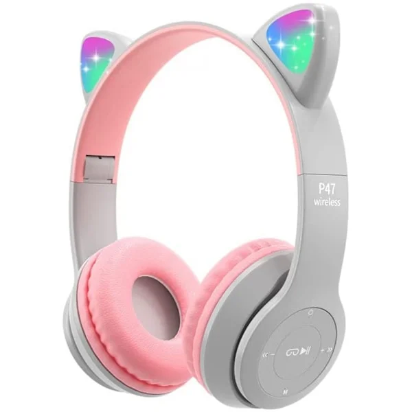 Trådløse hodetelefoner for barn, Bluetooth-hodetelefoner med mikrofon, LED-lys med katteører, hodetelefoner for barn, TF-kort/kablede sammenleggbare 