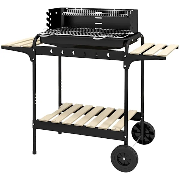 Kolgrill av metall BBQ rökare med hjul, höj- och sänkbart grillgaller, trähylla, mobil grillvagn kolgrill, kolgrill för grillcamping, terrass, 103x47x