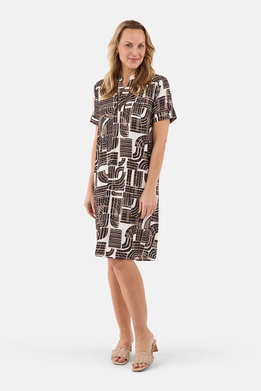 BRANDTEX - Knælang Kjole - Brun - Grafisk Print