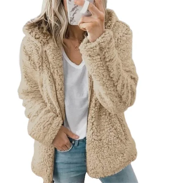 Fleece Fluffy Hoodie Women's Long Sleeve Jacket Winter Warm Teddy Bear Cardigan Khaki Khaki Khaki Khaki L
