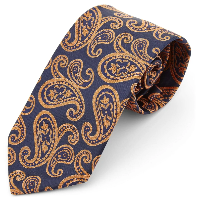 Navy & Orange Paisley Polyester Wide Tie for Men - Patterned Ties