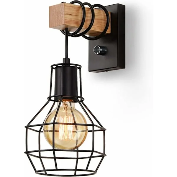 Industriell vegglampe innendørs, vintage dimbar bur-lampe med bryter vegglampe, E27 metall og tretau, for stue, spisestue, gang