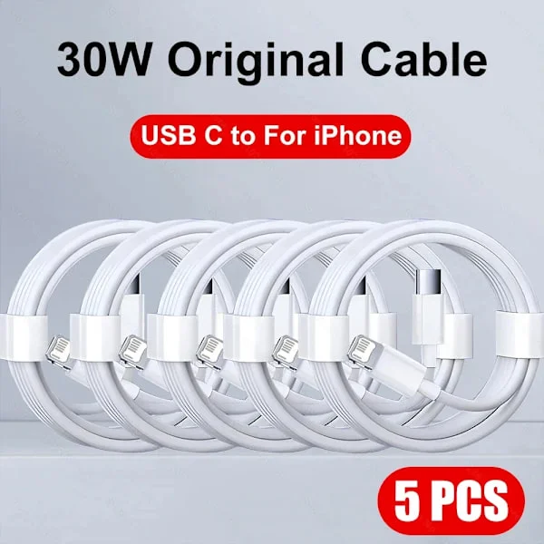 PD3.0 20W snabbladdningsdatakabel för iPhone 14/13/12 Pro Max, AirPods och iPad; USB Type-C till Lightning-datakabel, 5-pack, 1 meter vardera.