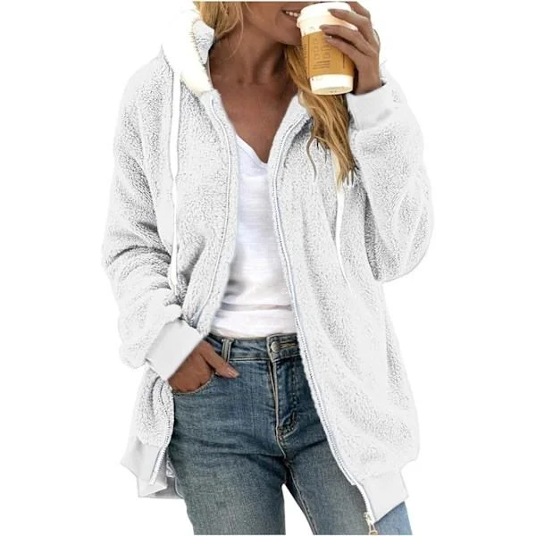 Women's Hooded Teddy Fleece Jacket, Transitional Jacket with Pockets, Zipper, Autumn, Winter, Plush Jacket, Fleece Jacket, Winter L D White L