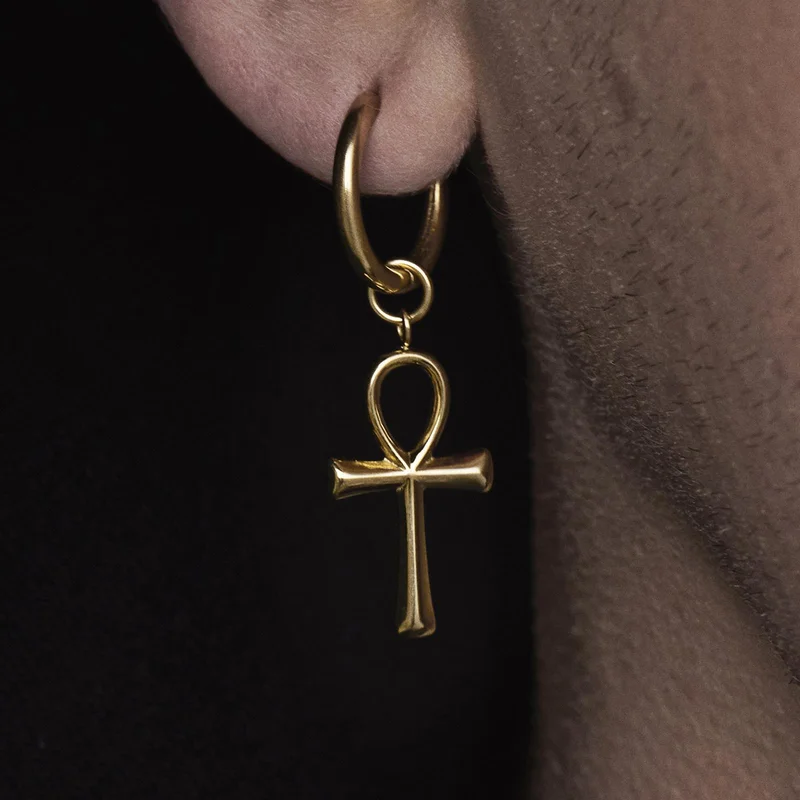 Gold-Tone Steel Drop Hoop Earring with Ankh Charm for Men - Charm Hoop Earrings