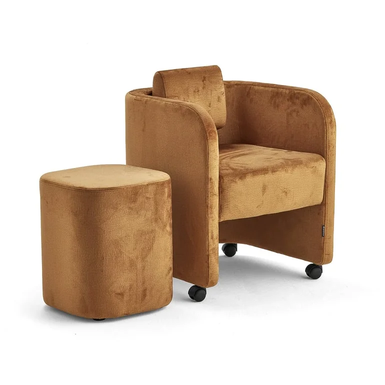Furniture set COMFY, armchair + stool, with wheels, velvet, gold